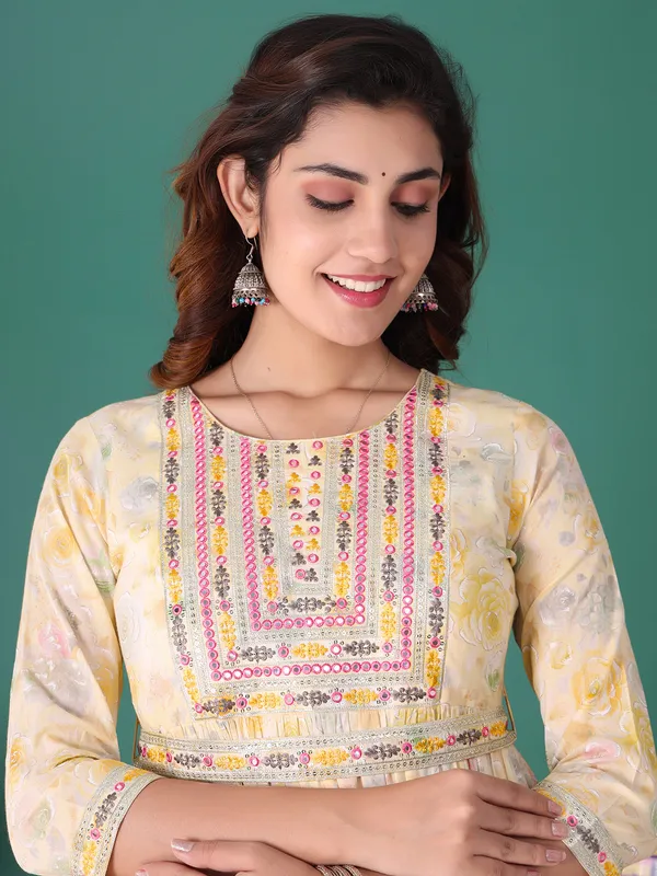Light yellow cotton floral printed kurti