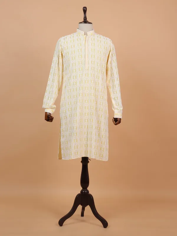 Light yellow cotton kurta suit with thread work