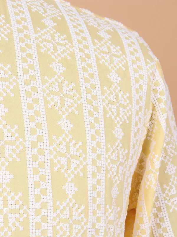 Light yellow cotton kurta suit with thread work