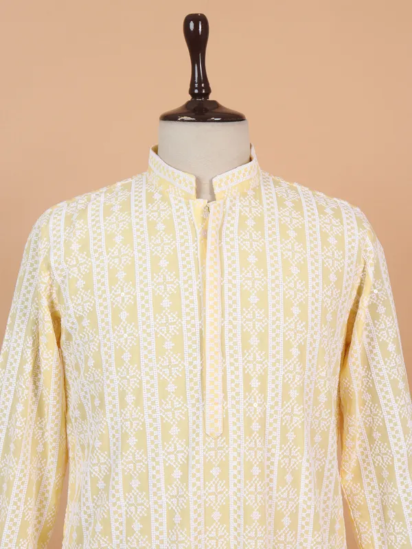 Light yellow cotton kurta suit with thread work