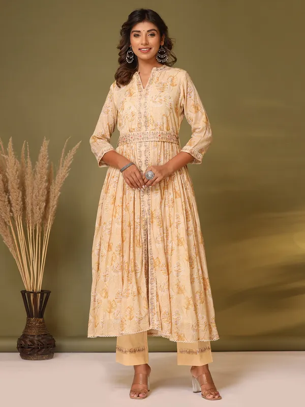 Light yellow cotton printed casual kurti with pant