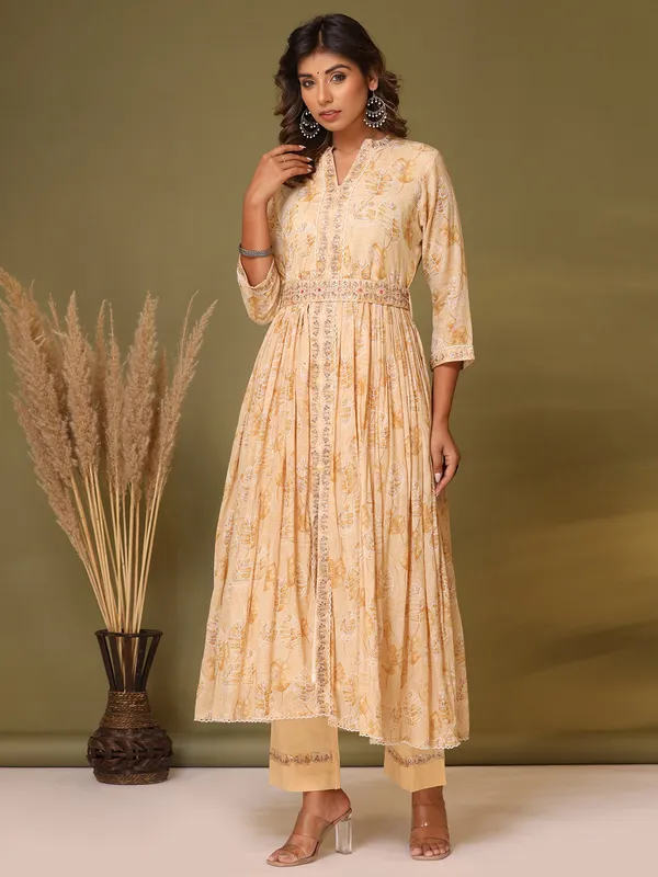 Light yellow cotton printed casual kurti with pant