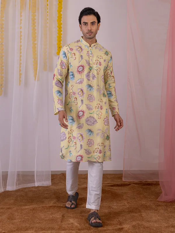Light yellow cotton silk men kurta suit