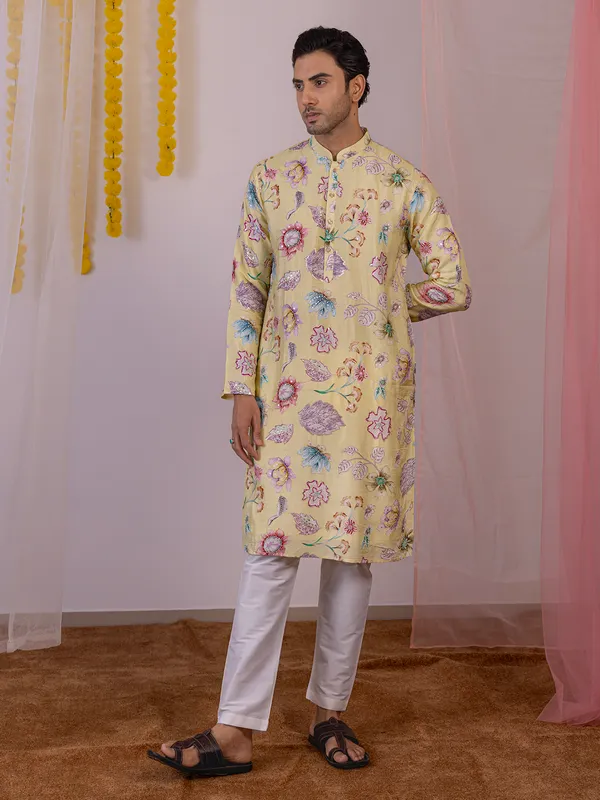 Light yellow cotton silk men kurta suit