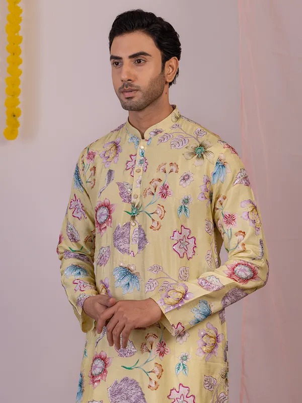 Light yellow cotton silk men kurta suit