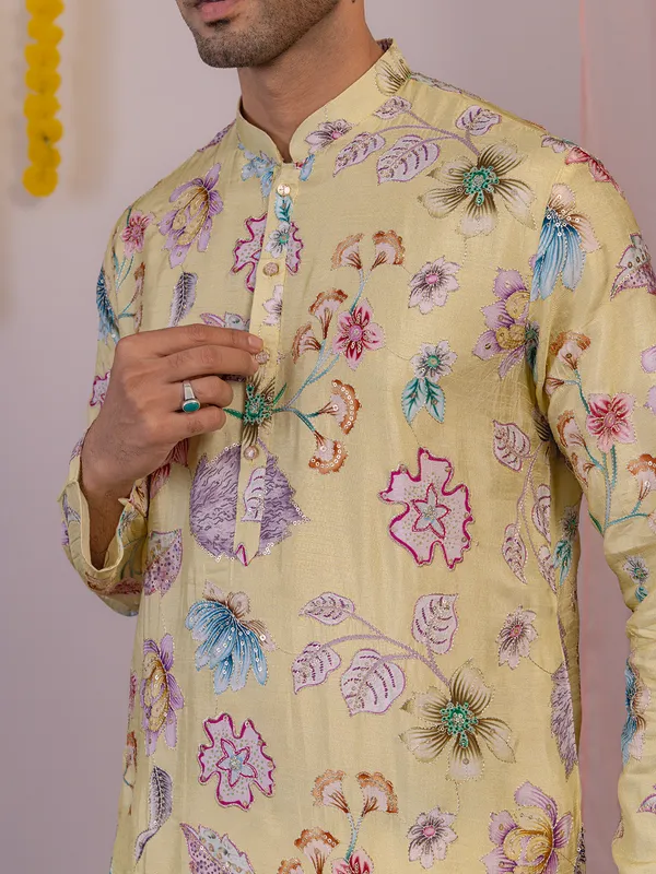 Light yellow cotton silk men kurta suit
