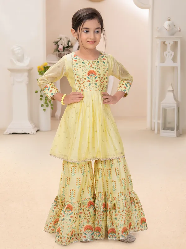 Light yellow cotton silk printed sharara suit