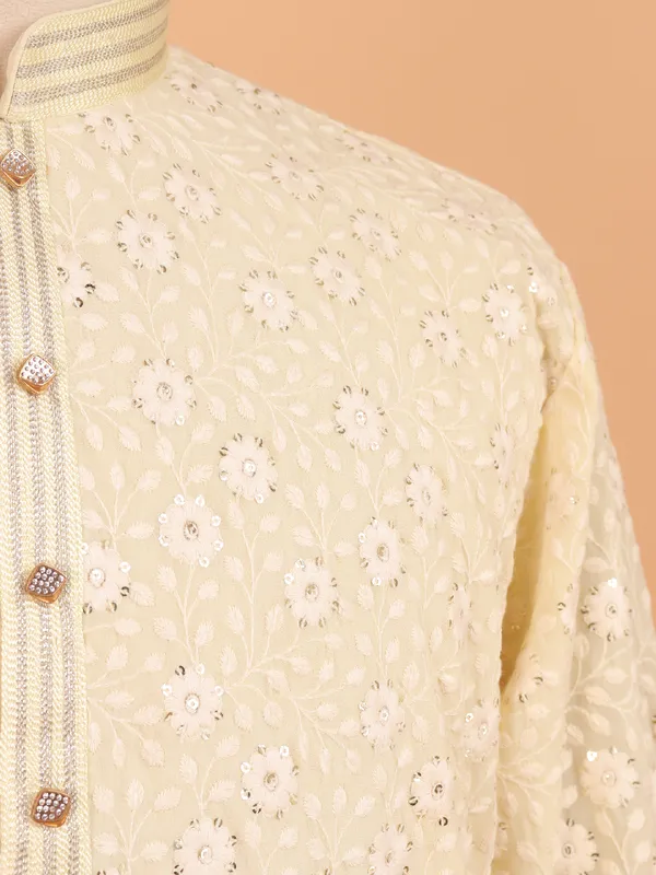 Light yellow embroided cotton kurta set for men
