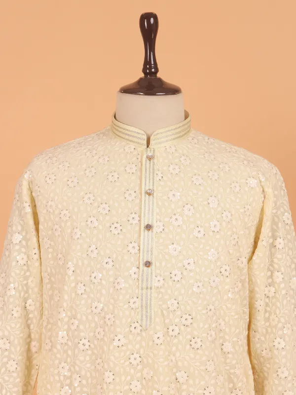 Light yellow embroided cotton kurta set for men
