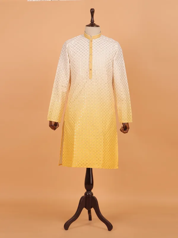 Light yellow embroided work of art for men in kurta set