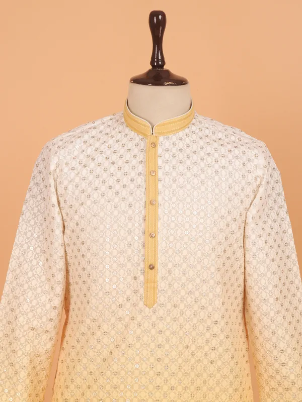 Light yellow embroided work of art for men in kurta set