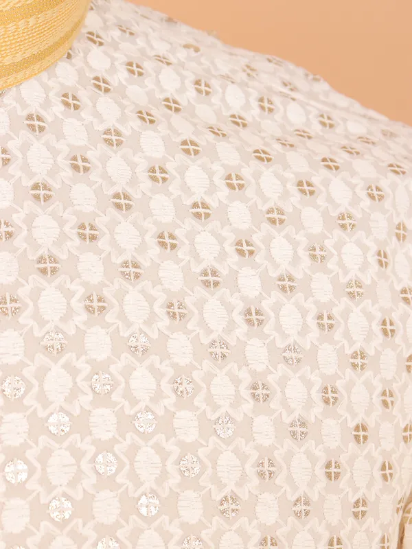 Light yellow embroided work of art for men in kurta set