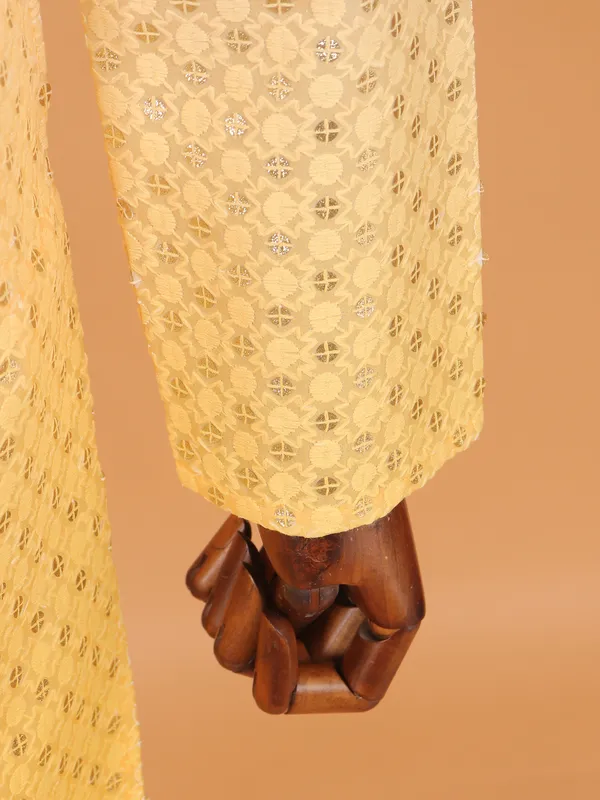 Light yellow embroided work of art for men in kurta set
