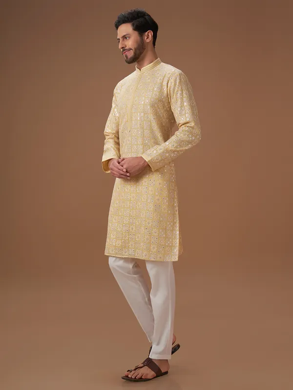 Light yellow embroidery  Men Kurta pajama
