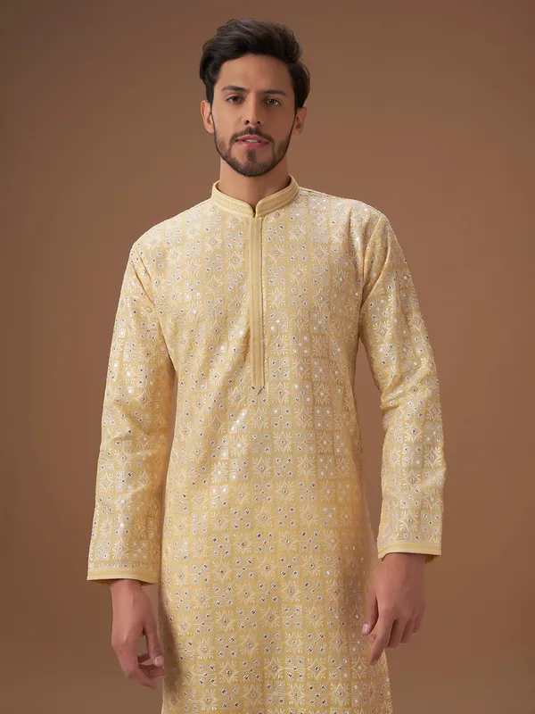 Light yellow embroidery  Men Kurta pajama