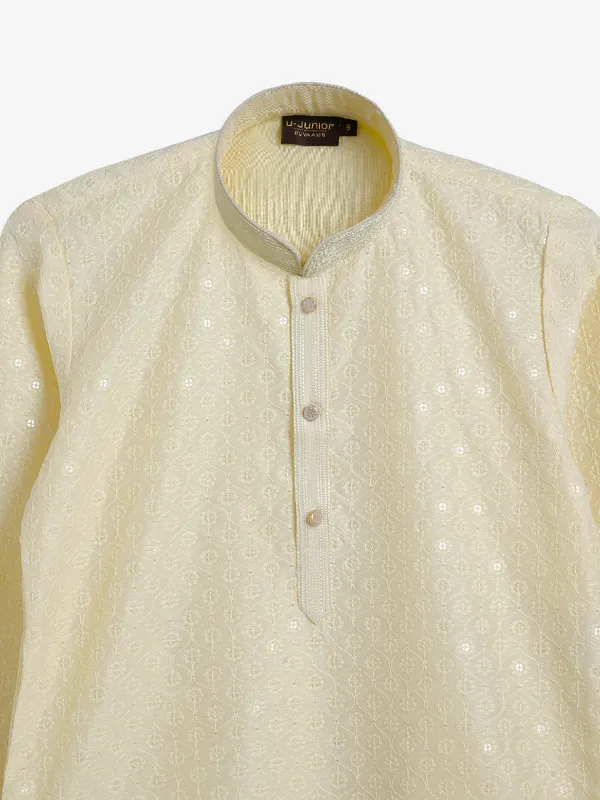 Light yellow embroidery kurta suit in cotton