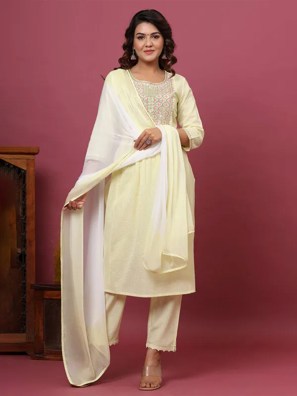 Light yellow festive wear cotton kurti set