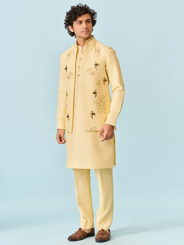 Light yellow flamingo applique foil worked waistcoat set
