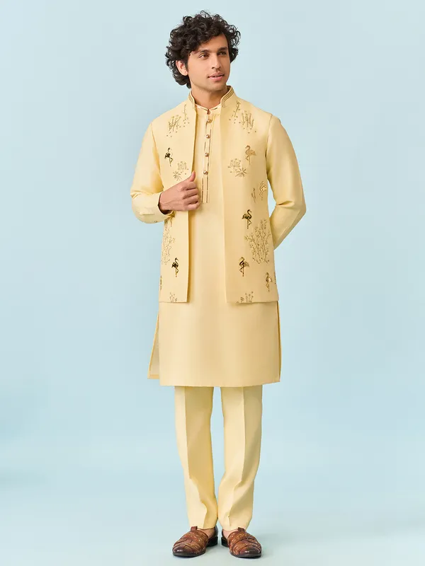 Light yellow flamingo applique foil worked waistcoat set
