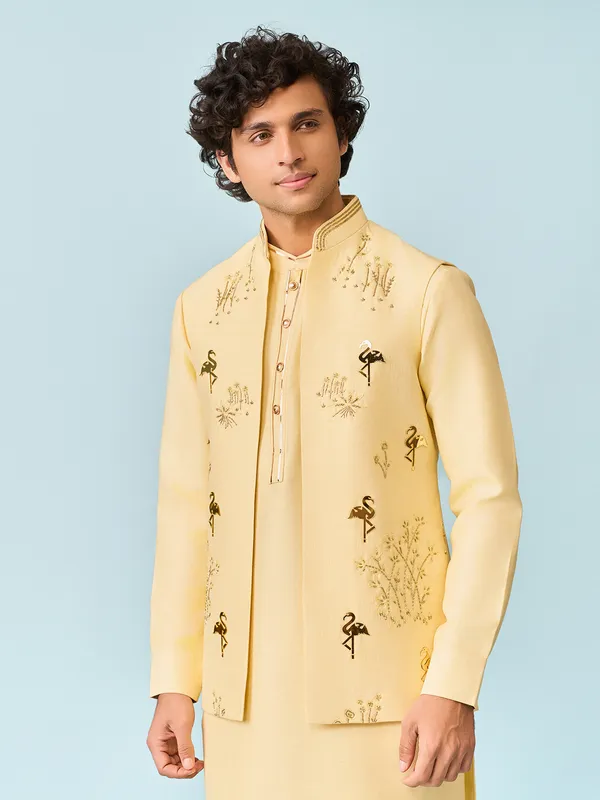 Light yellow flamingo applique foil worked waistcoat set