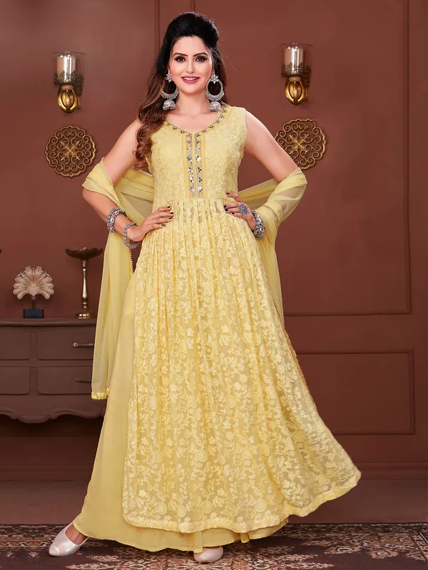 Light yellow georgette nayra cut palazzo suit