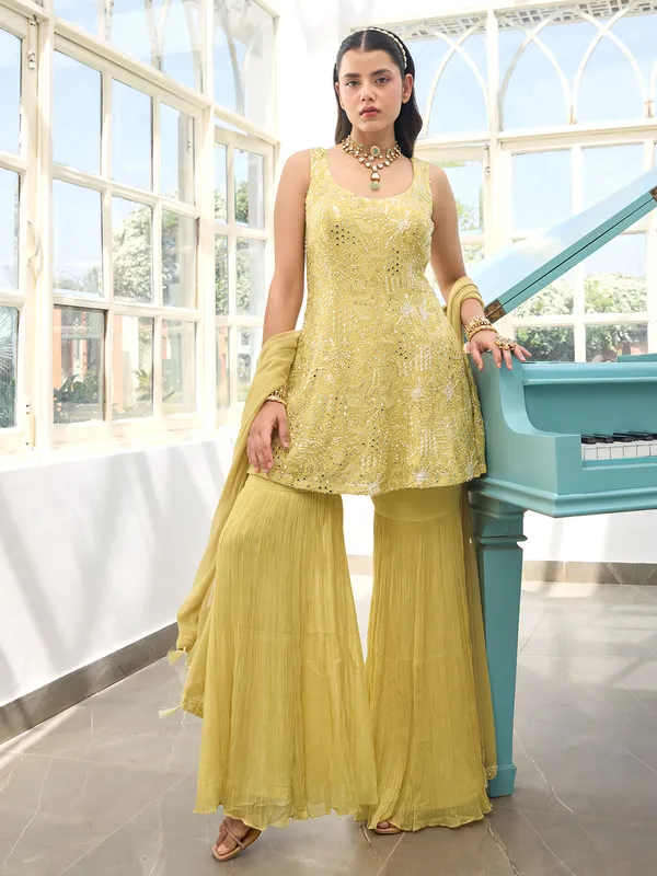 Light yellow georgette sharara suit for wedding