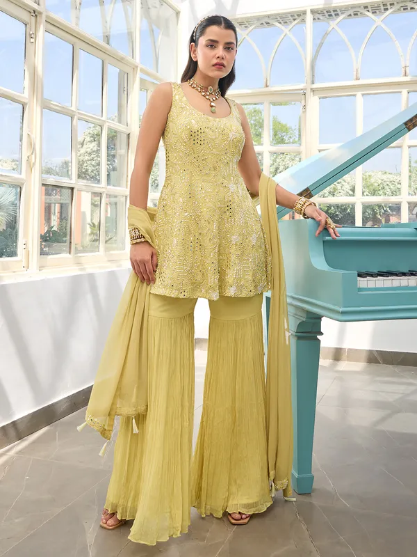 Light yellow georgette sharara suit for wedding