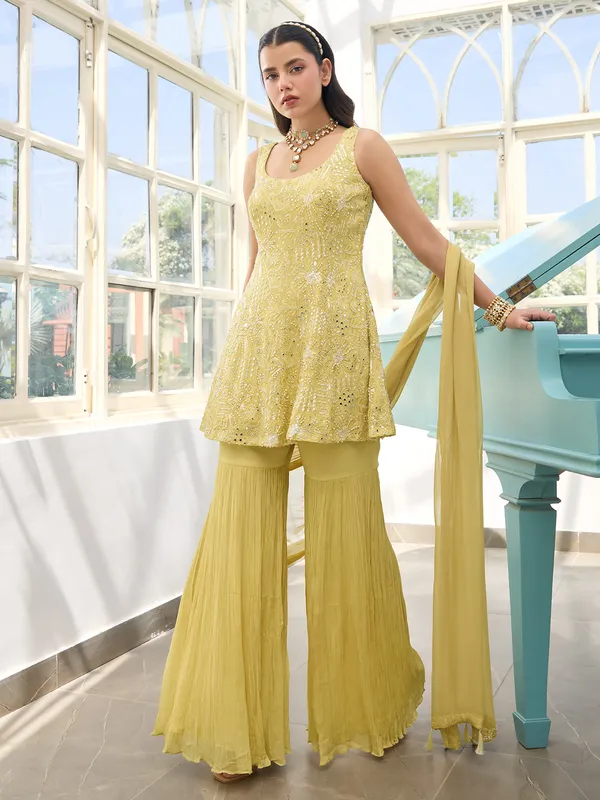 Light yellow georgette sharara suit for wedding
