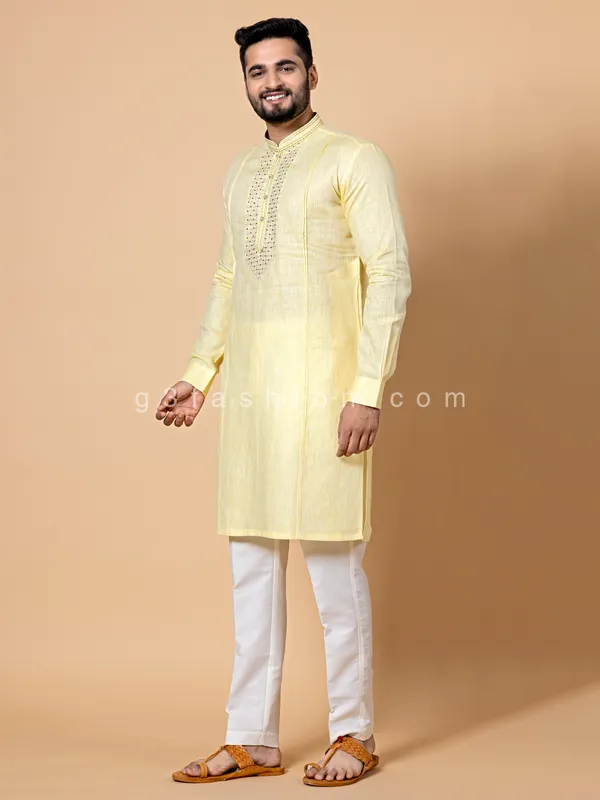 Light yellow linen  Men Kurta pajama