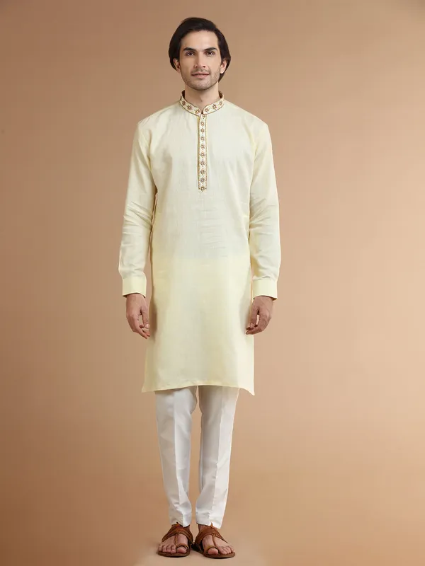 Light yellow linen plain kurta suit