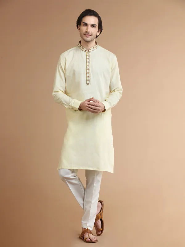 Light yellow linen plain kurta suit