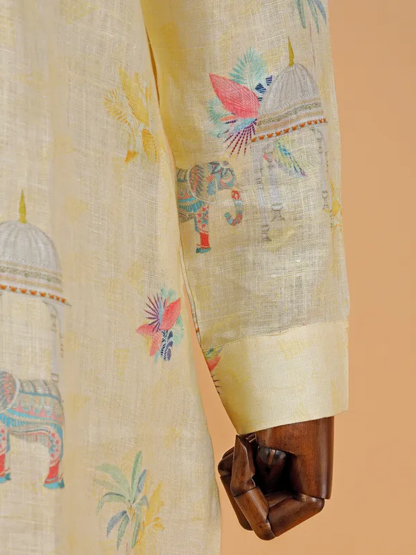 Light yellow linen printed  Men Kurta pajama