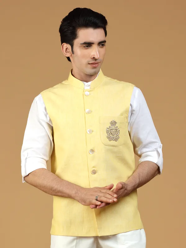 Light yellow linen waistcoat for festive