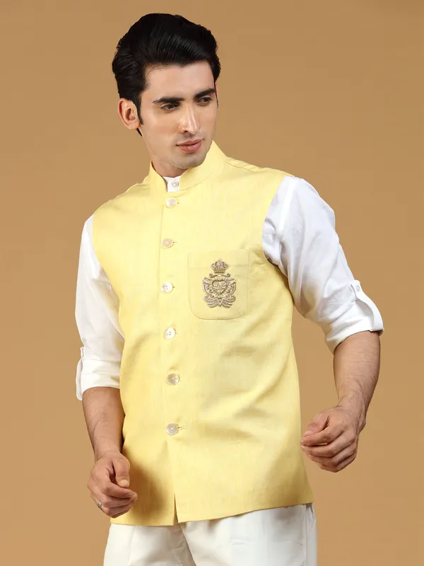 Light yellow linen waistcoat for festive