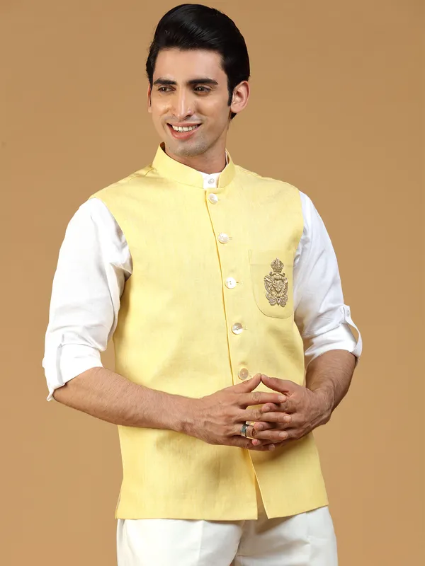Light yellow linen waistcoat for festive
