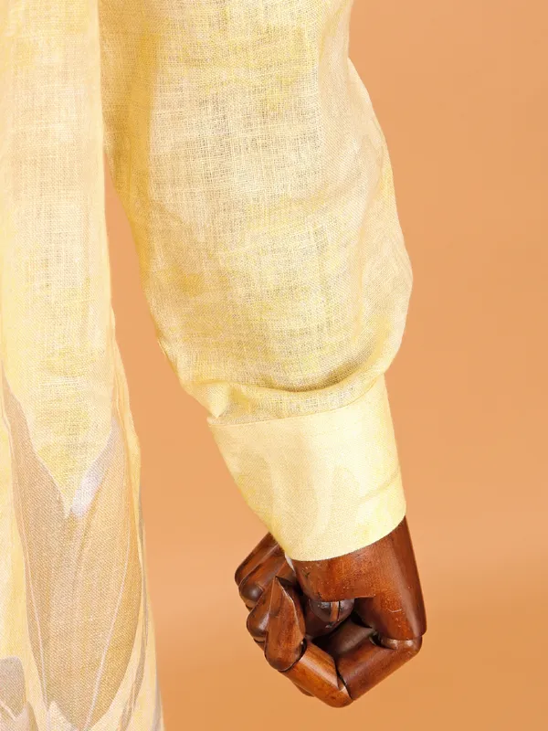 Light yellow printed cotton kurta suit for men