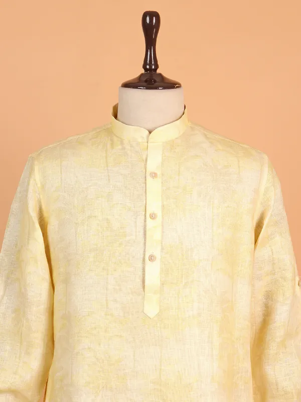 Light yellow printed cotton kurta suit for men
