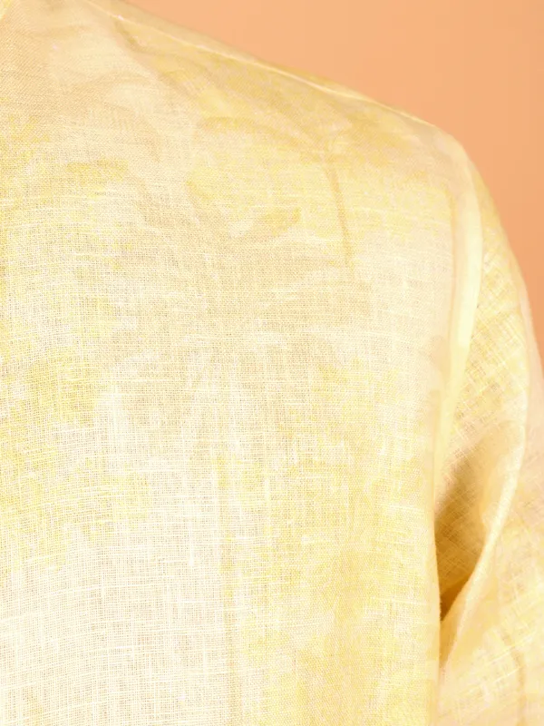 Light yellow printed cotton kurta suit for men