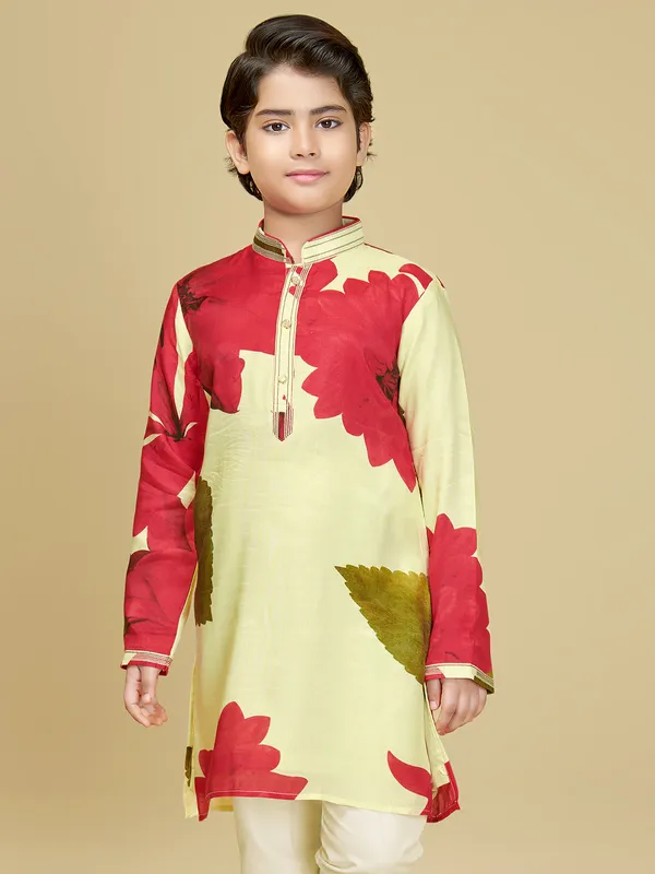 Light yellow printed cotton silk kurta suit for boys