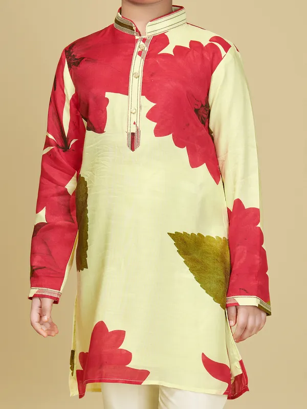 Light yellow printed cotton silk kurta suit for boys
