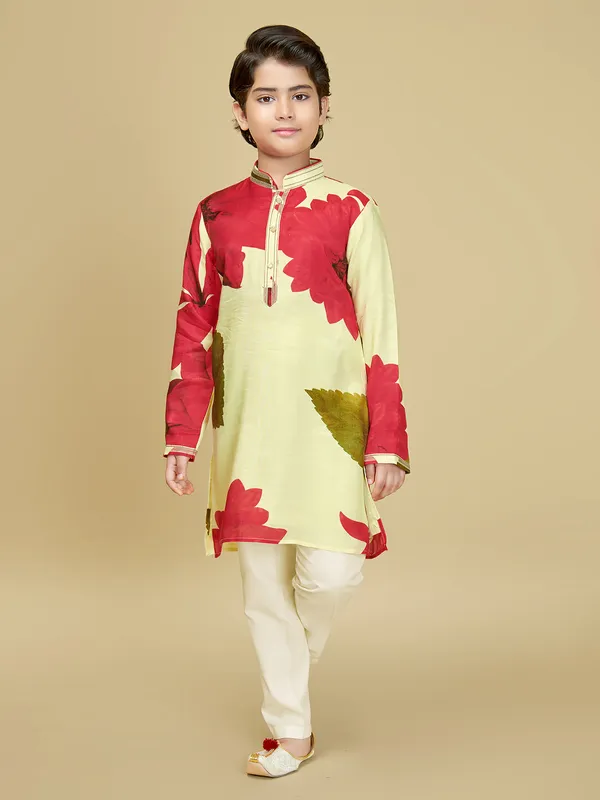 Light yellow printed cotton silk kurta suit for boys