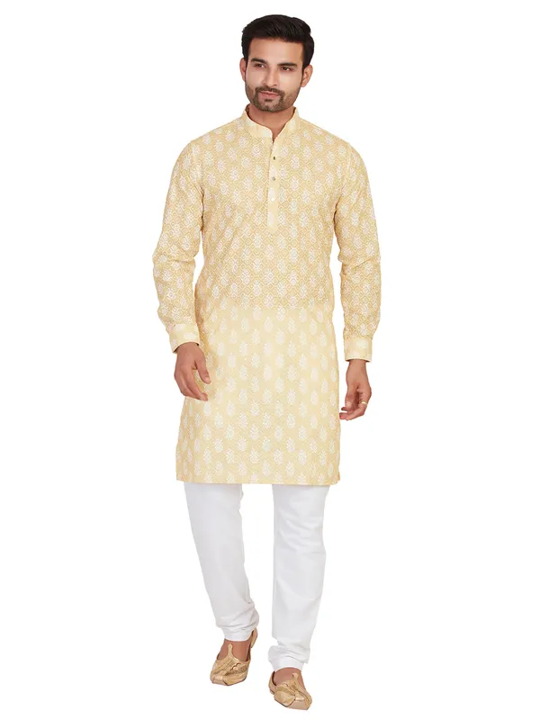 Light yellow printed kurta in cotton