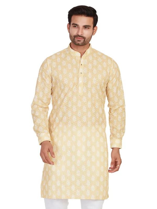 Light yellow printed kurta in cotton