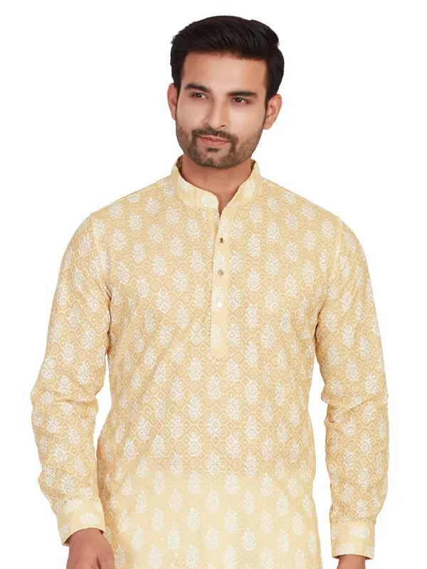 Light yellow printed kurta in cotton