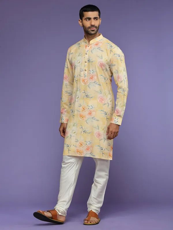 Light yellow printed kurta suit in linen
