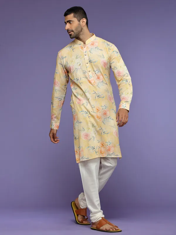 Light yellow printed kurta suit in linen