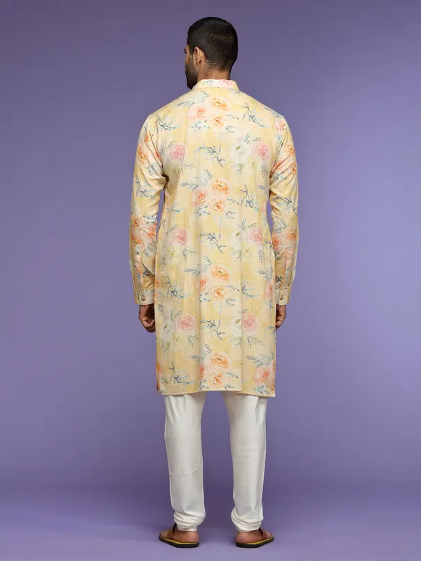 Light yellow printed kurta suit in linen