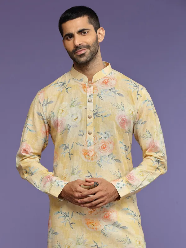 Light yellow printed kurta suit in linen