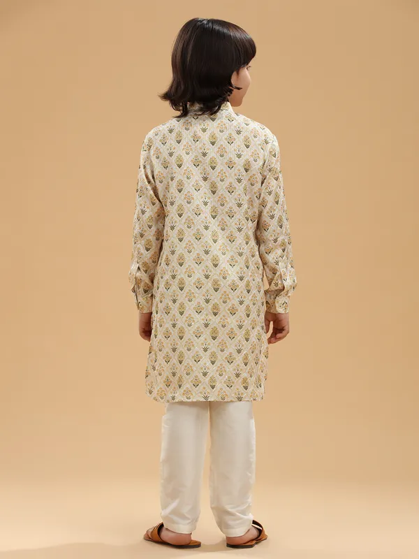 Printed silk boys kurta suit in cream