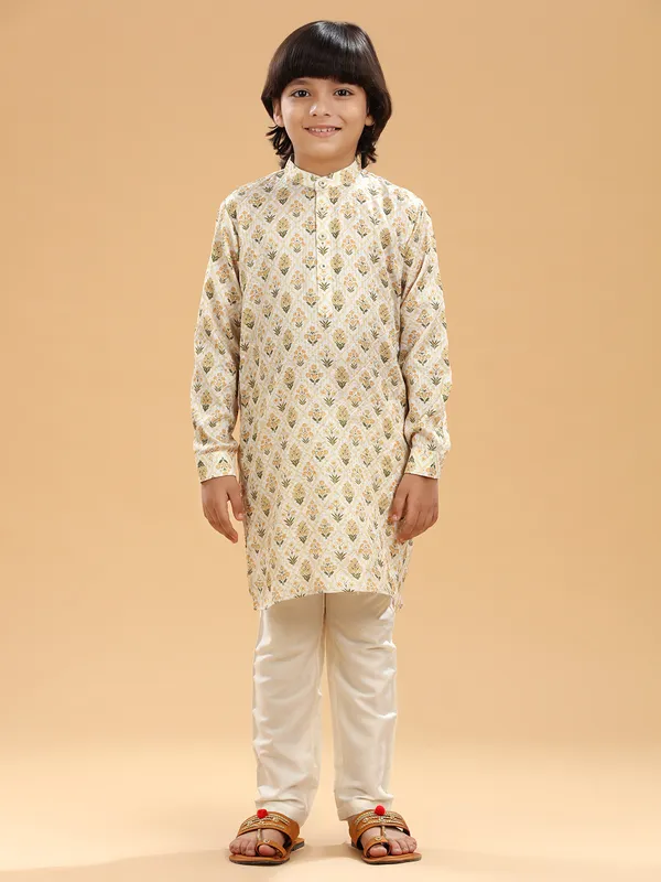 Printed silk boys kurta suit in cream